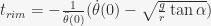 t_{rim} = -frac{1}{ddot{theta}(0)}(dot{theta}(0)-sqrt{frac{g}{r}tan alpha}) t_{rim} = -frac{1}{ddot{theta}(0)}(dot{theta}(0)-sqrt{frac{g}{r}tan alpha})